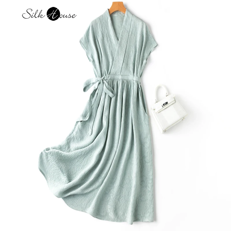 2023 Women's High End Elegant Natural Mulberry Silk Guanle Crepe V-neck Sleeves Loose Lace Up Dress