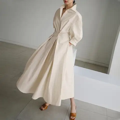 Summer Women's Dress Fashion Commuter Solid Color Women's Retro Lapel Elastic Waist Shirt Long Sleeve Big Swing Women's Dress