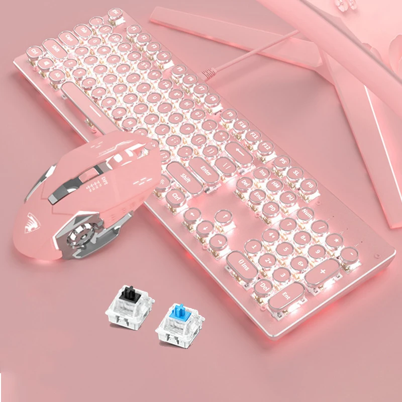Bluetooth Wireless Mechanical Keypad Pink Girly Retro Punk Gaming Keyboard Wired 104-Keys RGB Backlit Anti-Ghosting Black Switch