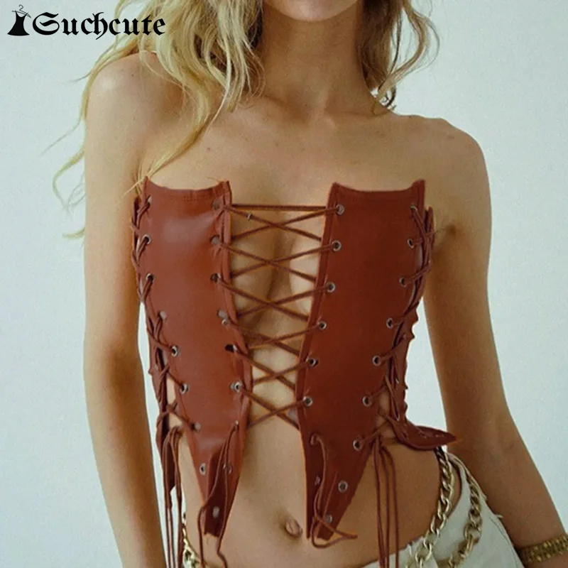 

SUCHCUTE Woman Punk Style Slim Fit Strapless Tank Tops Sexy Bandage PU Leather Corset Solid Color Gothic Bustier Party Club Wear