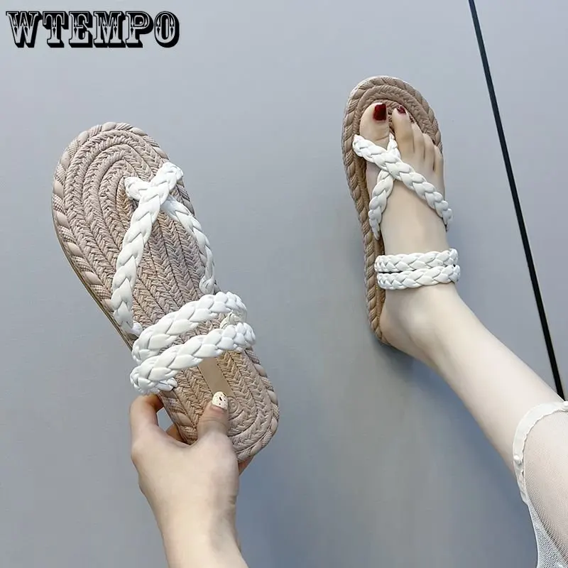 

Школьные Повседневные Дышащие женские пляжные сандалии WTEMPO из искусственной соломы на льняной подошве, весна-лето