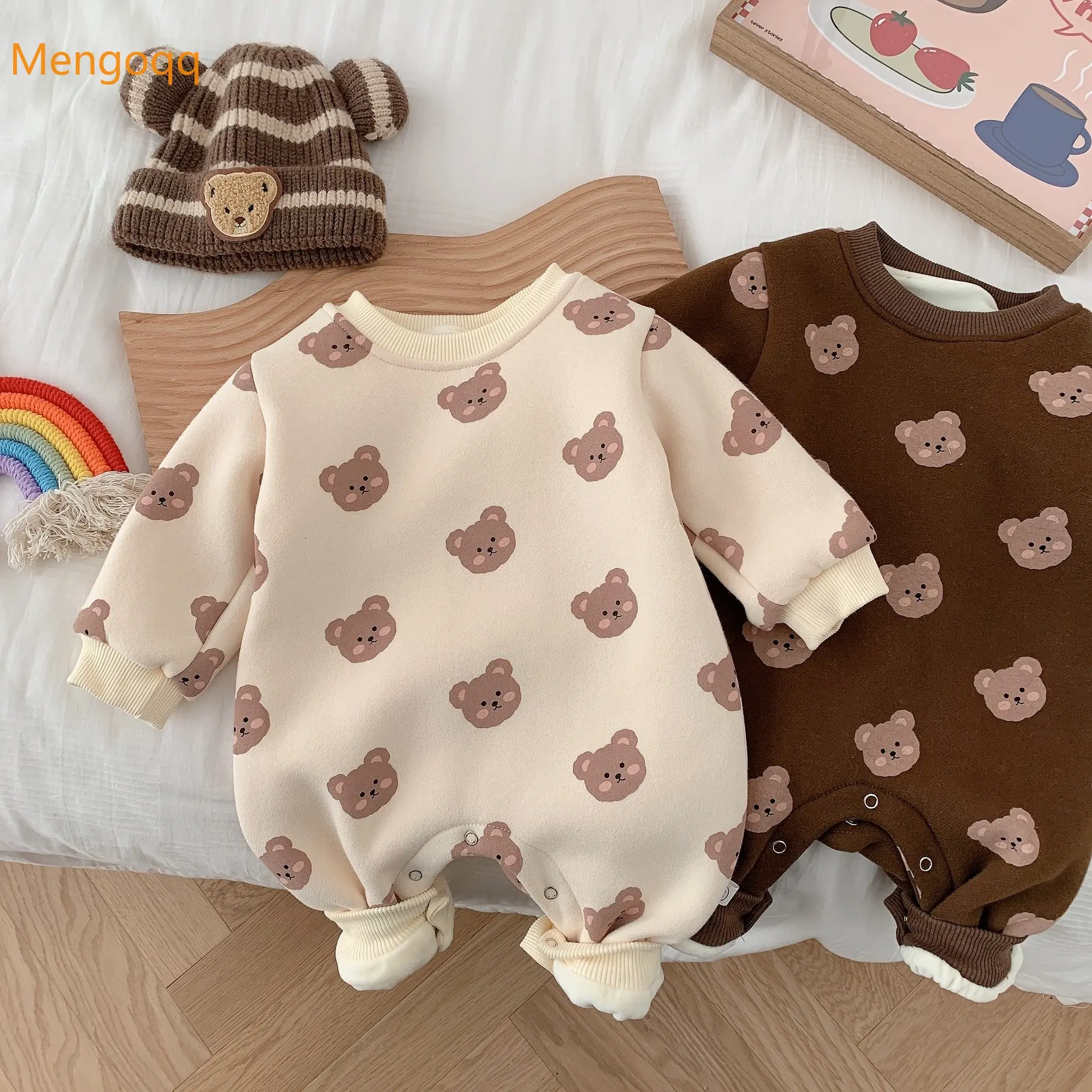 

Mengoqq Infant Baby Girl Boys Autumn Winter New Velvet Full Sleeve Cute Bear Button Round Neck Warm Casual Romper 0-24M