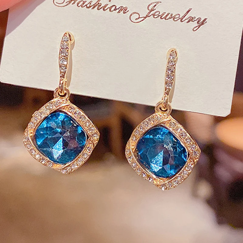 

2022 Trendy Korean Long Earrings For Women Blue Crystal Geometry Elegant Female Dangle Drop Earrings Fashion Jewelry Accessories