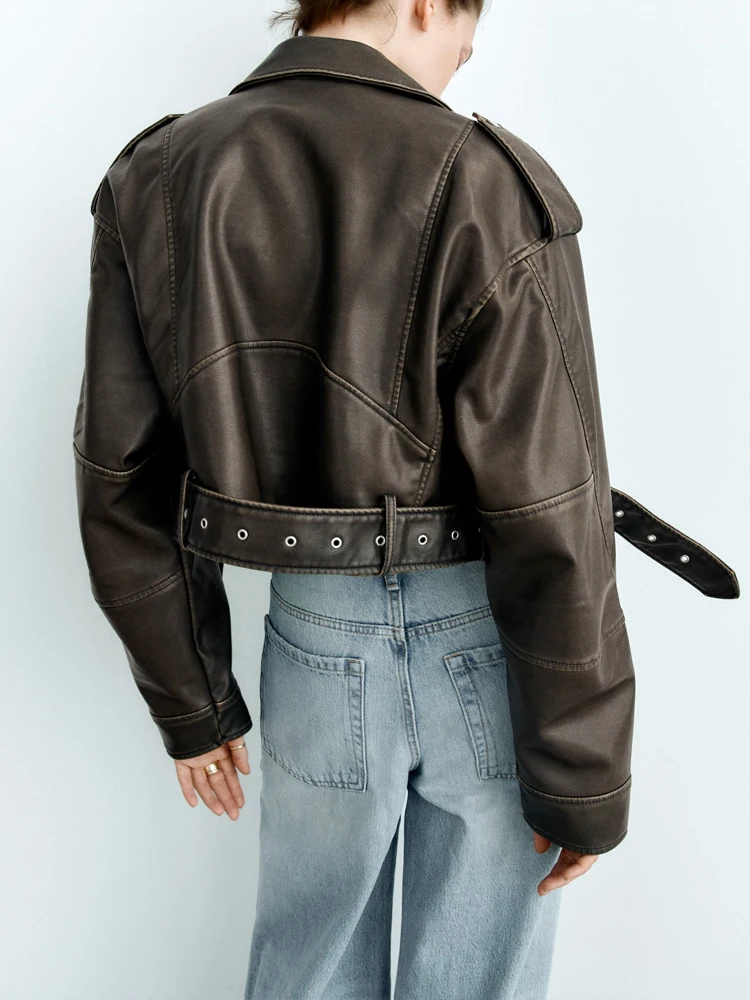 Brown Women's Autumn Faux leather jacket Korean style Short Zipper motorcycle jacket PU coat Female Clothing 2023 INKEO 3O077