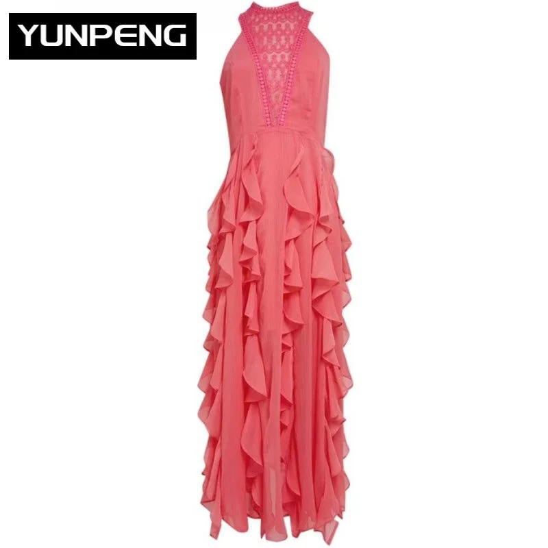 

Luxury Evening Party Dresses For Women 2023 Brand Designer Round Neck Sleeveless High Waist Splcied Lace Temperament Dress