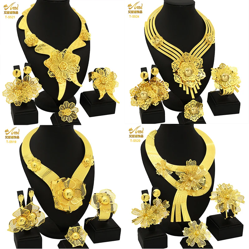 

ANIID Fashion Luxury Dubai Flower Shaped 24K Gold Plated Jewelry Sets For Women Jewellery Designed Indian Necklace Set Gifts