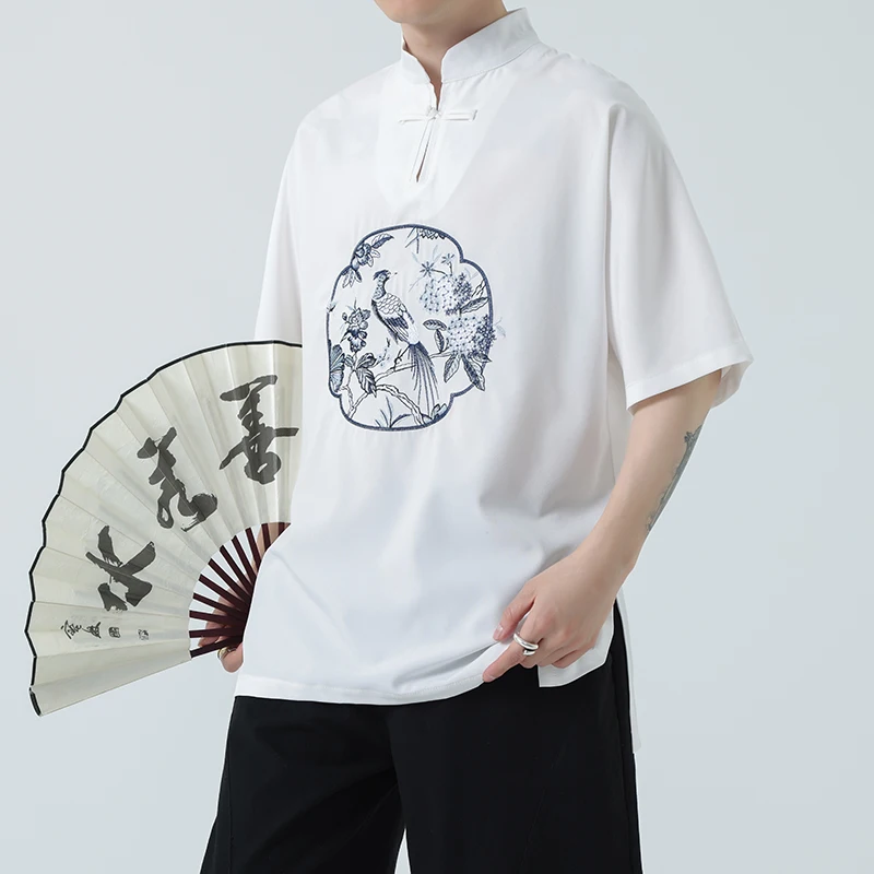 Мужская футболка с коротким рукавом летняя дышащая и тонкая вышивкой в китайском