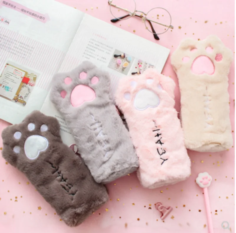 

Cute cat paw plush pencil bag Student large capacity stationery bag Pencil case school Stationery Gift Supplies For Children