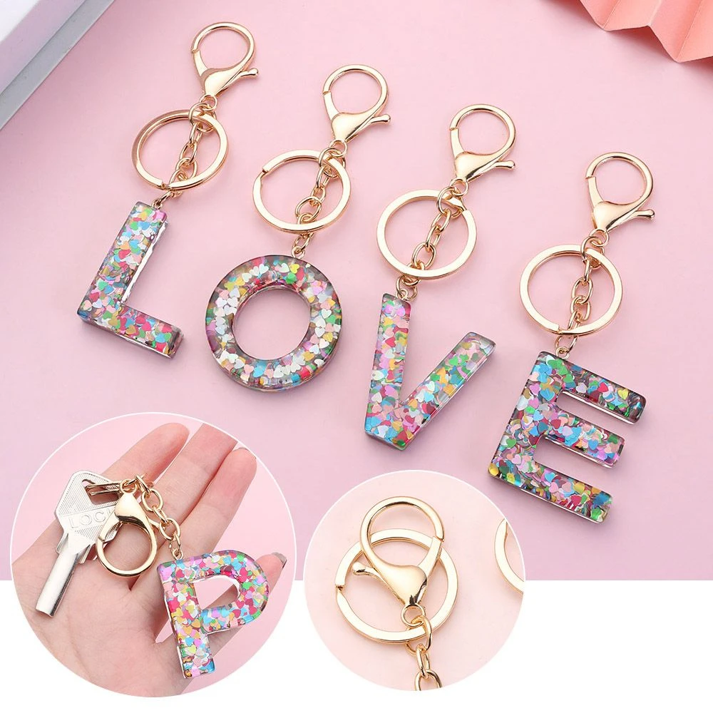 

New 26 Letter Keychains Colorful Love Heart Sequins Resin Key Chain English Alphabet Keyring Handbag Charms Accessory Trinket