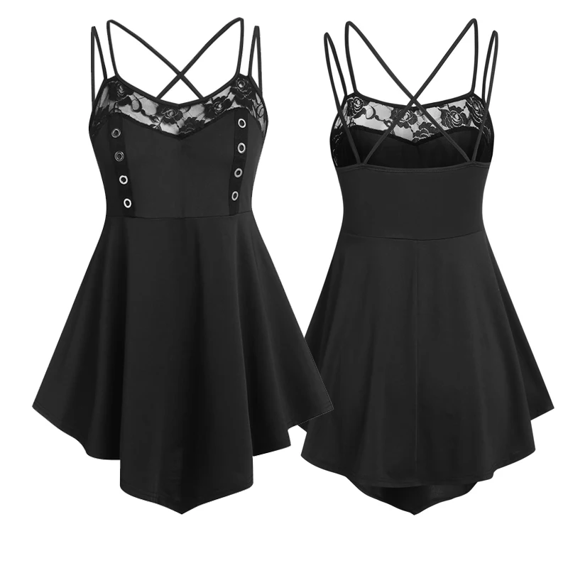 

Women's Spaghetti Strap Crisscross Scoop Neck Sleeveless Lace Button Swing Cami Tunic Tshirt Top