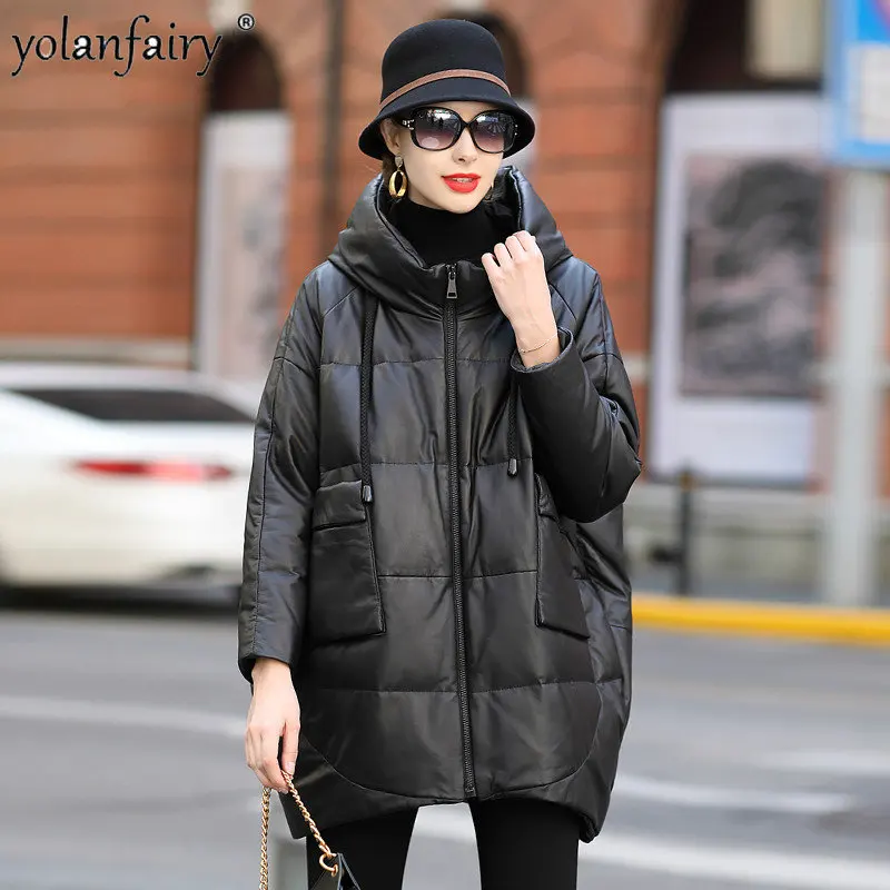 

2022 Winter Leather Down Jacket Women's 90 White Duck Down Casual Loose Hooded Real Sheepskin Coat Genuine Leather Puffer Jacket