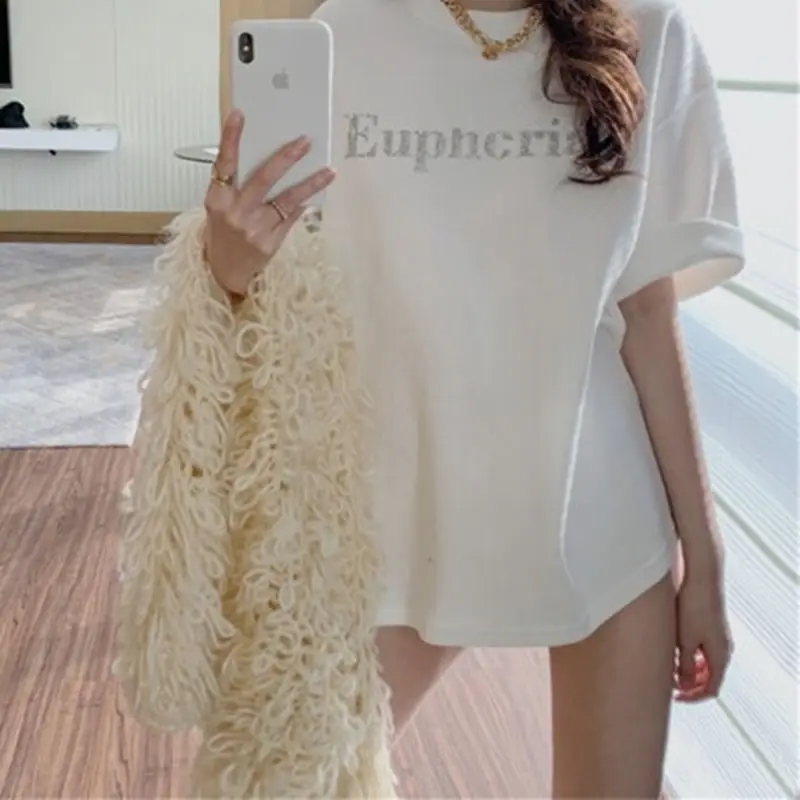 

White Short-sleeved T-shirt Women's Loose 2022 New Personality Letter Print Mid-length T-shirt Top
