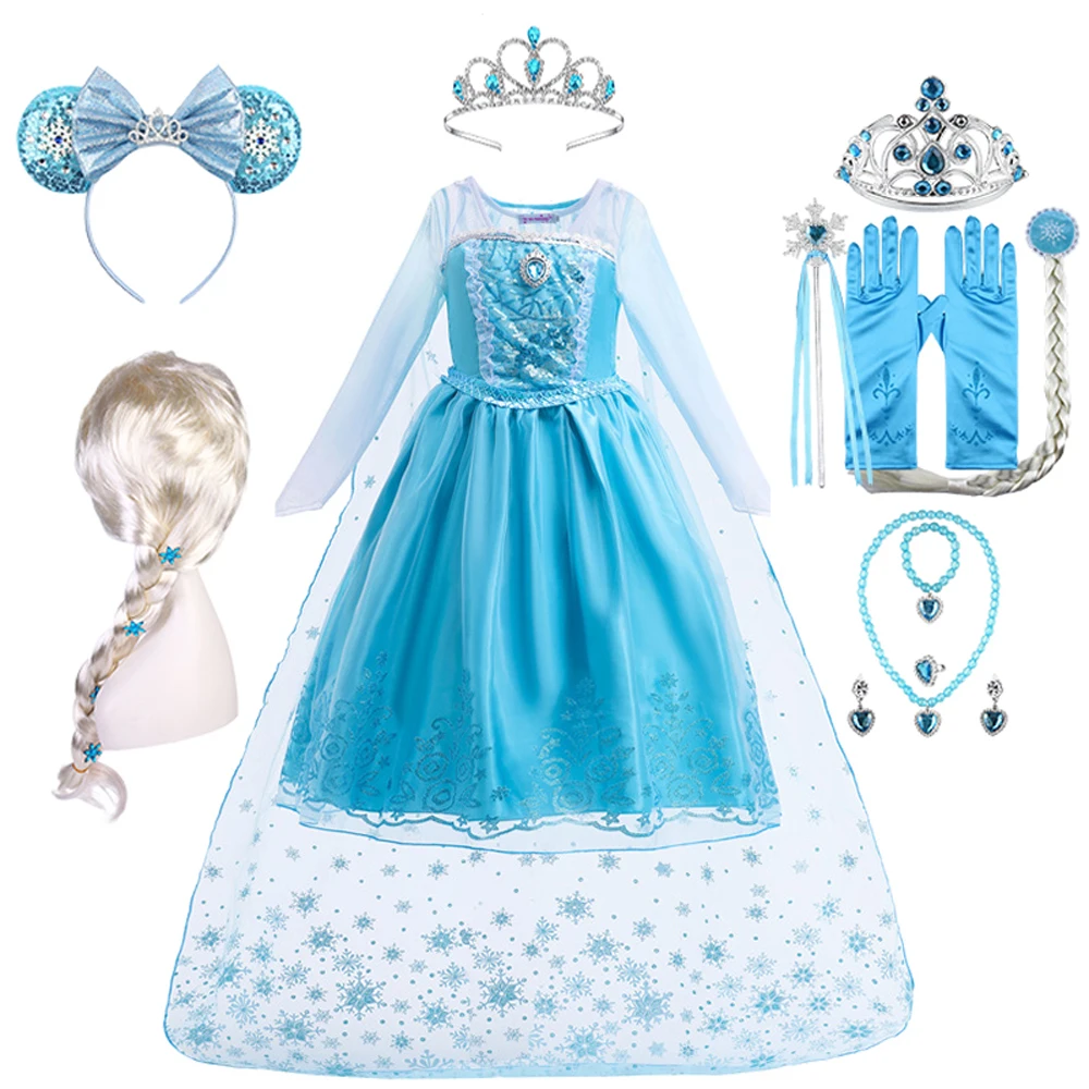 2022 классическое платье Снежной Королевы принцессы Эльзы вечерние нее платье на день рождения для девочек светло-голубые платья с длинным р...