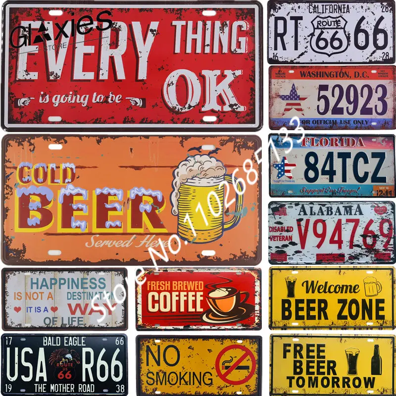 

Metal Tin Sign Plaque Retro Car License Plate Cold Beer Coffee Route 66 Pub Bar Cafe Garage Art Poster Wall Decor 15x30cm