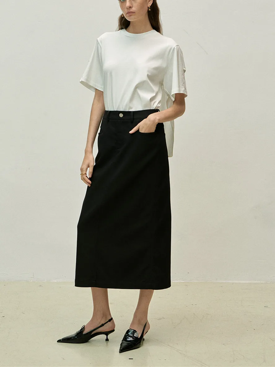

Women Solid Color Denim Skirt High Waist A-line Slit Simple Spring Summer 2023 Female Mid-calf Jupe with Pockets
