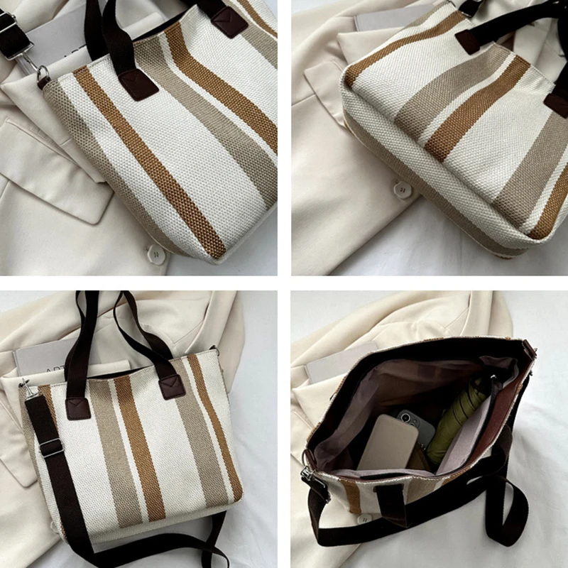 Large Capacity Casual Tote Bags For Women New Design Canvas Shoulder Crossbody Bag Fashion Stripe Handbags Lady Top Handle Bag
