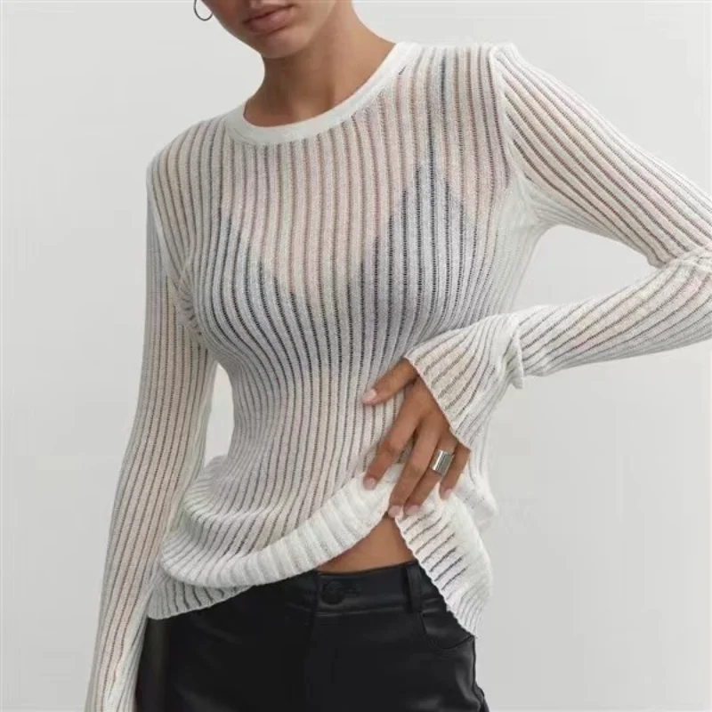 

Sexy Perspective Thin Knit Sweater Solid Basic Pullover Top Casual Cozy Long Sleeve Round Neck T-shirts Women Cover-up Beachwear