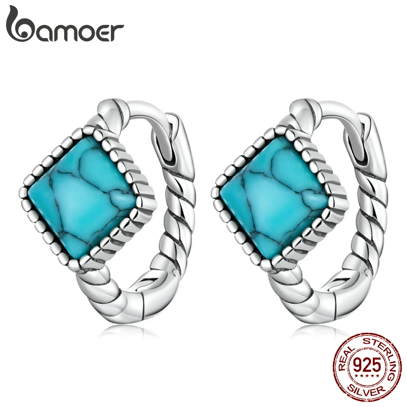 BAMOER 925 Sterling Silver Blue Square Turquoise Ear Buckles for Women Simple Style Twist Hoop Earrings for Women Fine Jewelry