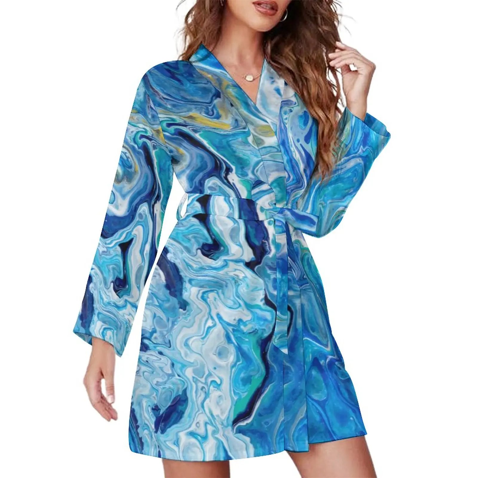 

Ocean Blue Marble Pajama Robe Modern Art Print Long-Sleeve Bedroom Pajamas Robes Lady V Neck Sexy Sleepwear Autumn Pattern Dress