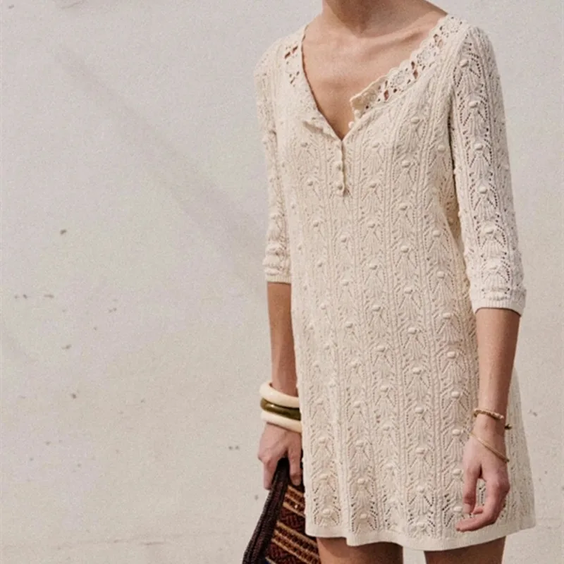 Knit Straight Mini Dress Women Hollow out O-neck Three Quarter Sleeve Female Simple Short Robes Spring/Summer 2023