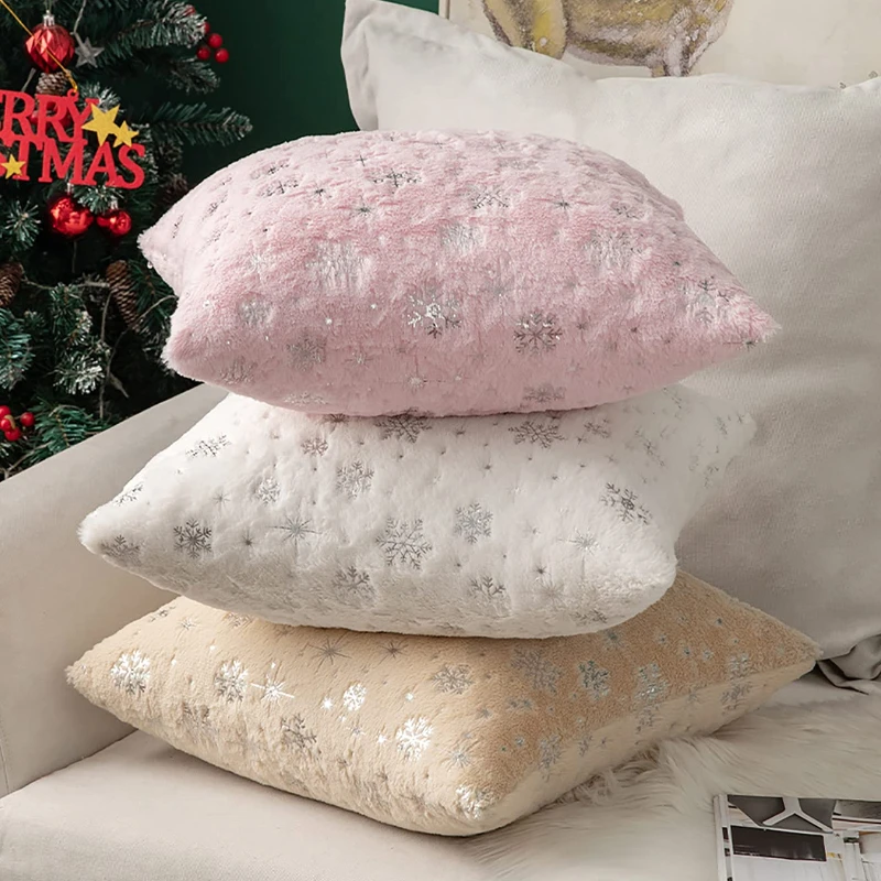 Christmas Cushion Cover 43x43cm Plush Fur Snowflake Print Cushion Covers Decorative Pillow Cover for Sofa Livingroom Home Decor