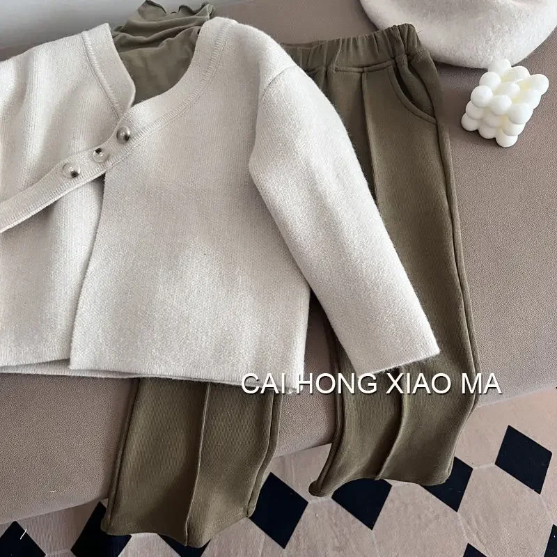 Весенне-осенний комплект для девочек новинка 2023 однотонный вязаный кардиган