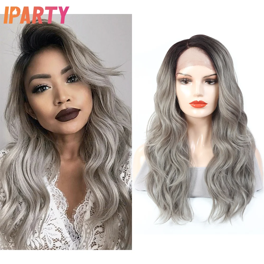

Synthetic Lace Ombre Light Grey Wig Side Part 18 Inches Long Wavy Heat Resistant Fibers Wig For Women Multi Color Optioanl Daily