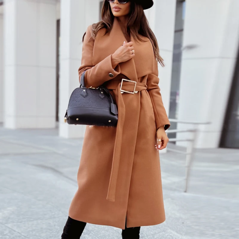 

Casual Women Turn-down Collar Woolen Coats Autumn Winter Simple Long Sleeves Outwear Elegant Buttons Belt Slim Solid Outwear