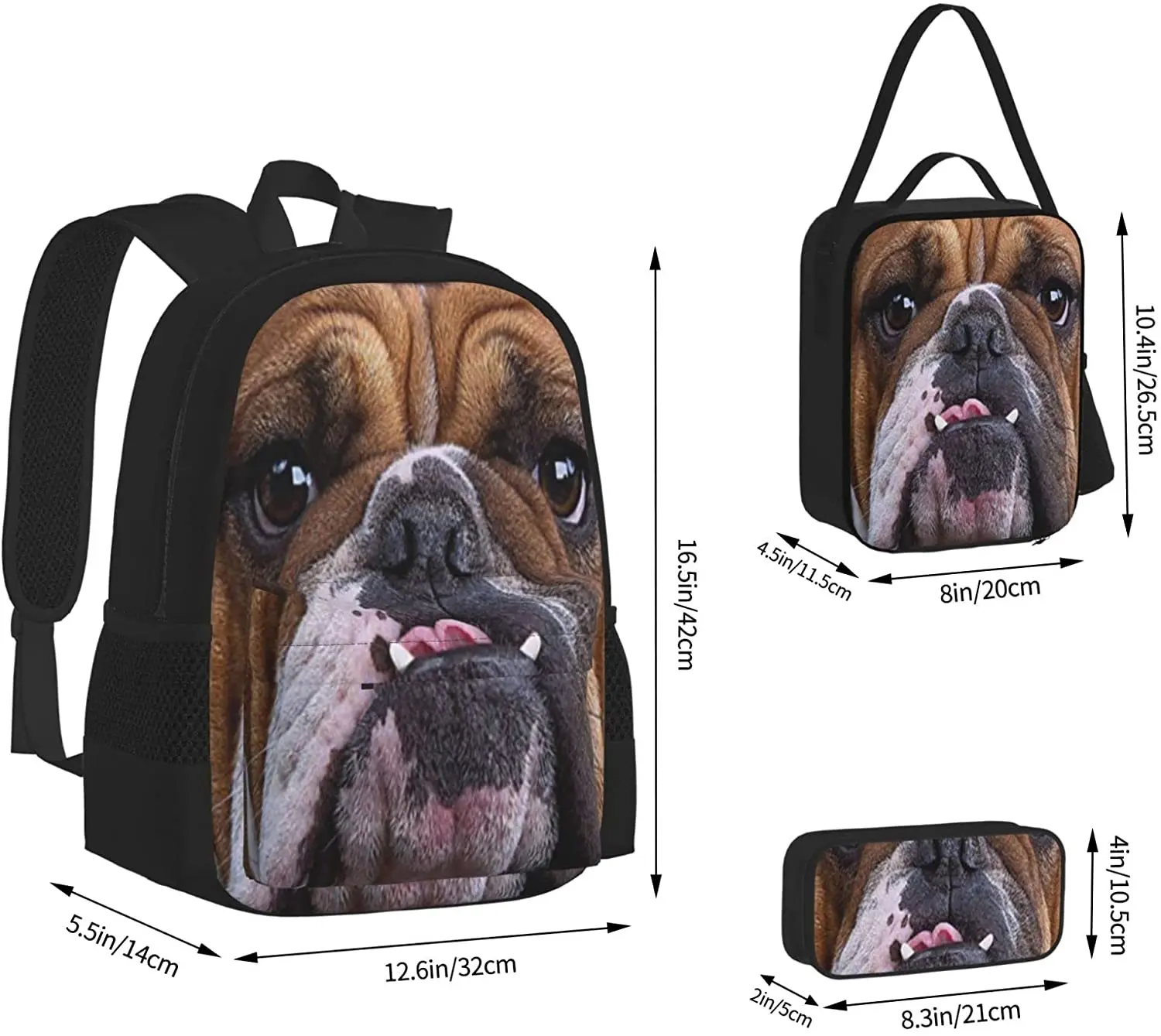 Kids School Backpack Bulldog Dog Brown Schoolbag Travel Bag Casual Daypack Lunch Bag Pencil Case for Boys Teens Girls 3pcs Sets