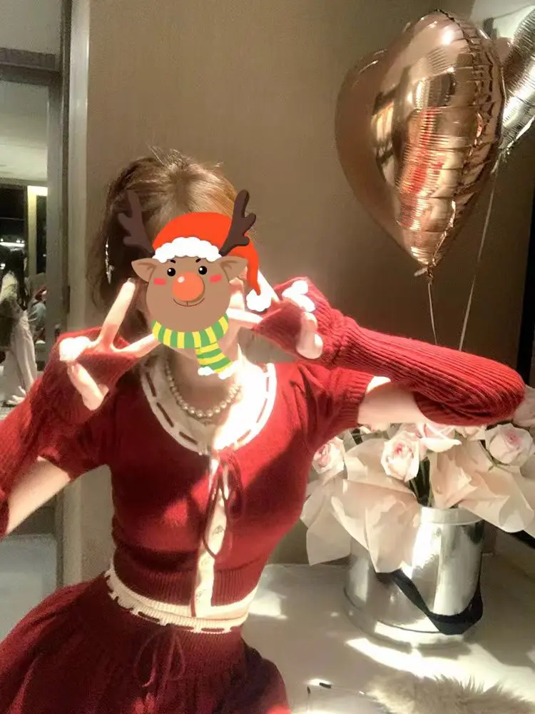 Красный рождественский корейский комплект из 2 предметов женский японский милый