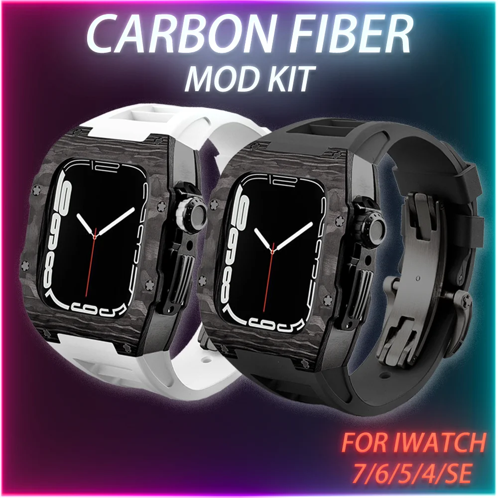 Carbon Fiber Case for Apple Watch 7 44mm 45mm Fluorine Rubber Strap Titanium Alloy Set Frame Bezel Mod Kit for IWatch7 6 5 4 SE