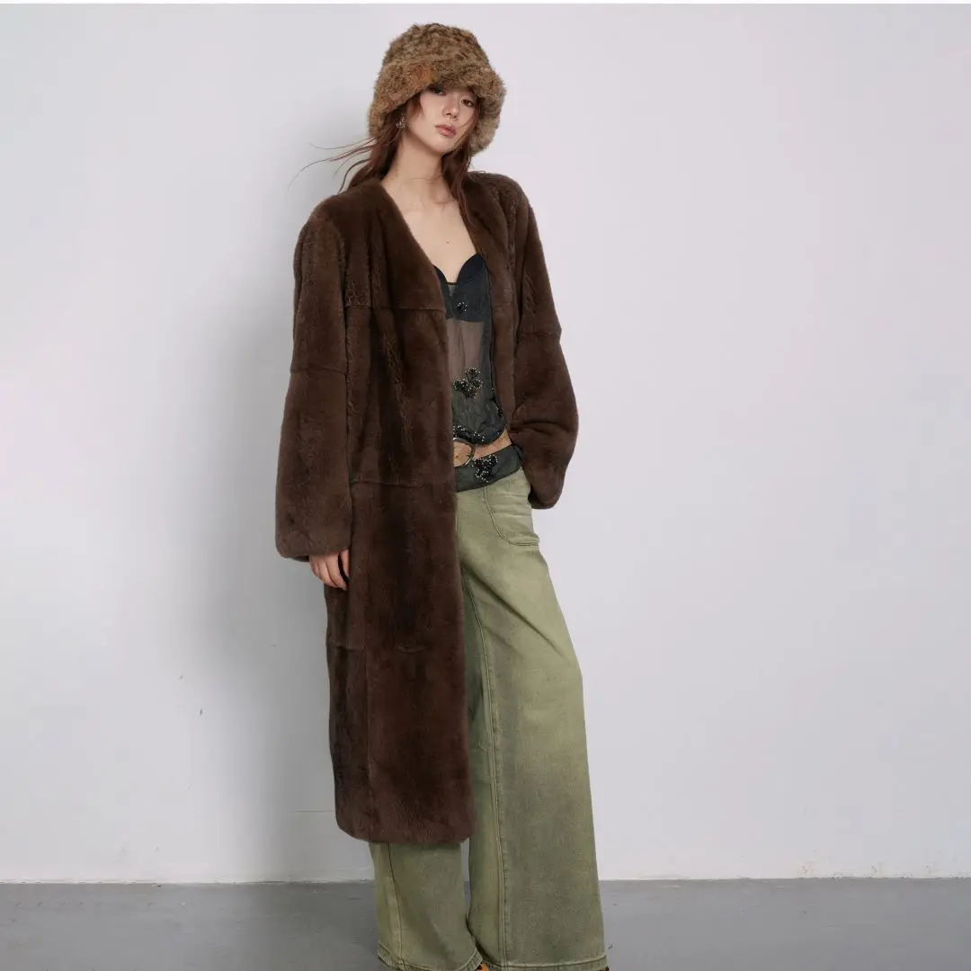 Новое зимнее длинное пальто из натурального меха кролика рекс женское с пушистым