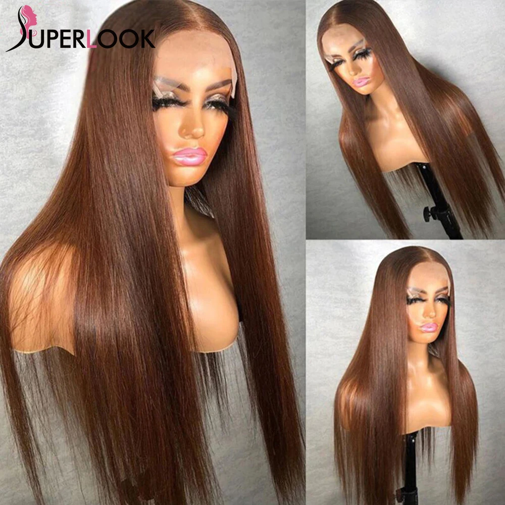 

13x4 Chocolate Brown Straight Lace Front Wig Pre Plucked Hd Transparent Lace Frontal Wig Remy Colored Human Hair Wigs For Women