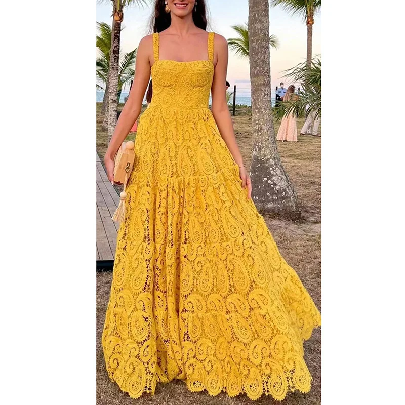 

Women's 2022 spring and autumn new casual holiday social party dress ginger heavy industry embroidery sling ruffle dress