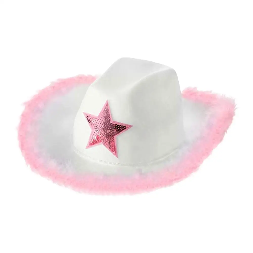 

Роскошная ковбойская шляпа с пушистыми краями и перьями, розовая Федора с широкими краями, тиара с блестками и перьями для вечевечерние, бле...