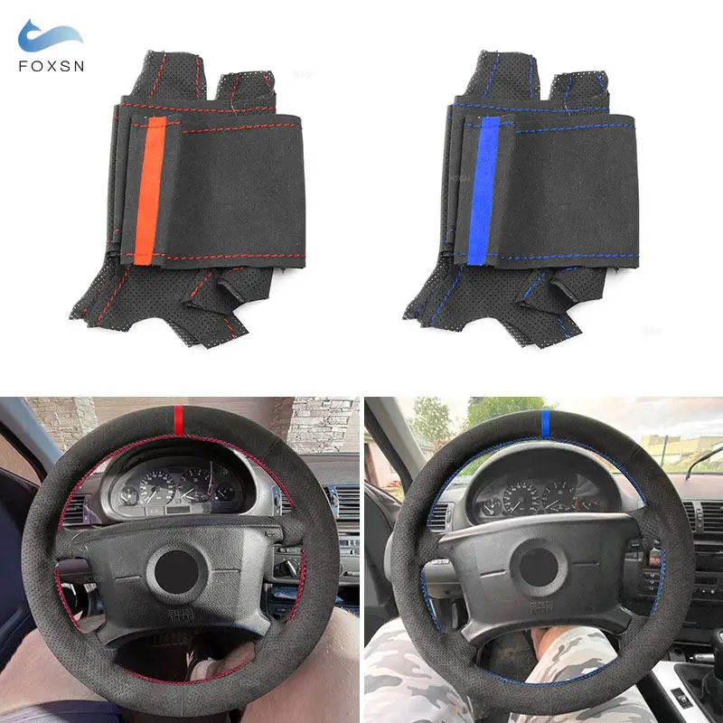 

For BMW E36 E46 E39 X3 E83 X5 E53 Hand-stitched Car Steering Wheel Black Suede Perforated Leather Cover Trim Accessories