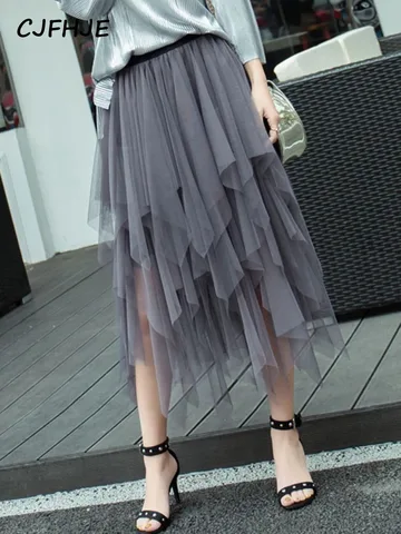 CJFHJE Autumn Fashion Chiffon Women's Skirt Mesh Solid Color Bouffant Puffy Skirts Irregular Sexy Saia Pleated Black Jupe Longue