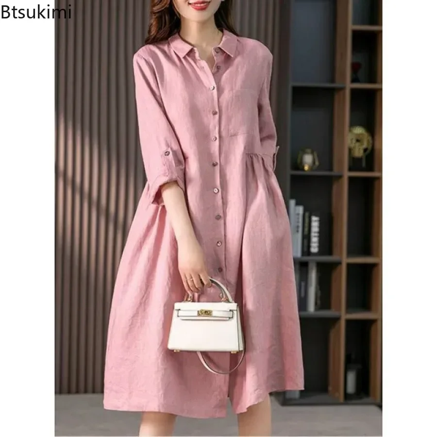 2024 летнее модное хлопково-льняное платье-рубашка для женщин удобное свободное