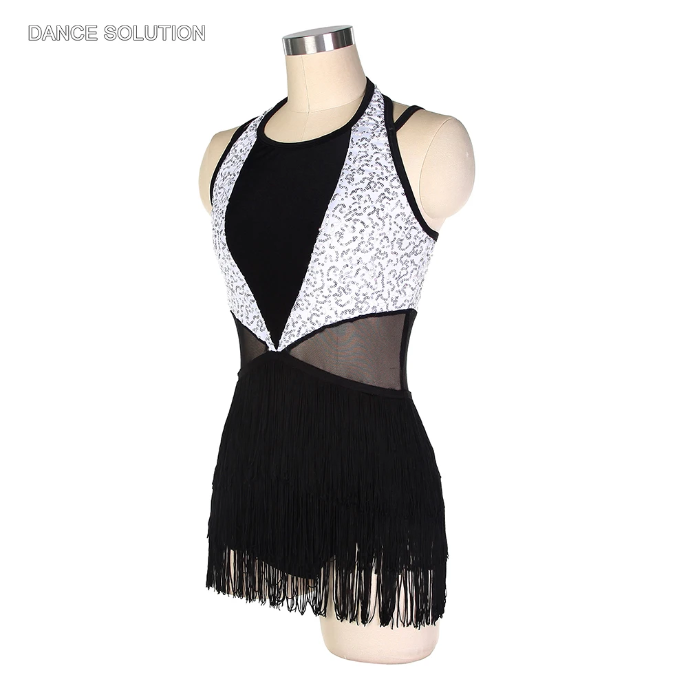 Черный спандекс с белыми блестками лиф Джаз танцевальный костюм кисточкой Skir для
