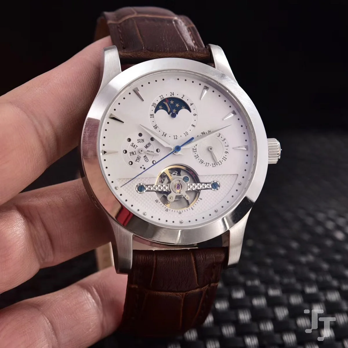 

mens automatic mechanical moon phase Black Brown Leather Tourbillion watch
