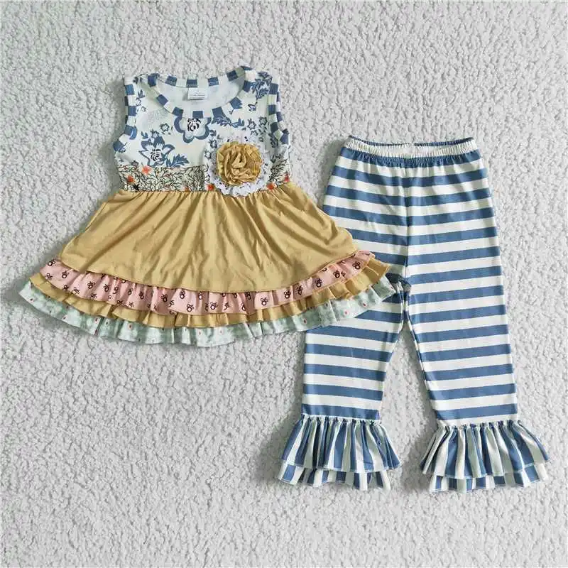 Wholesale Children Baby Girls Clothes Sets Kids Sleeveless Flower Lace Dress Ruffle Stripe Pants Fashionable Infant Outfit