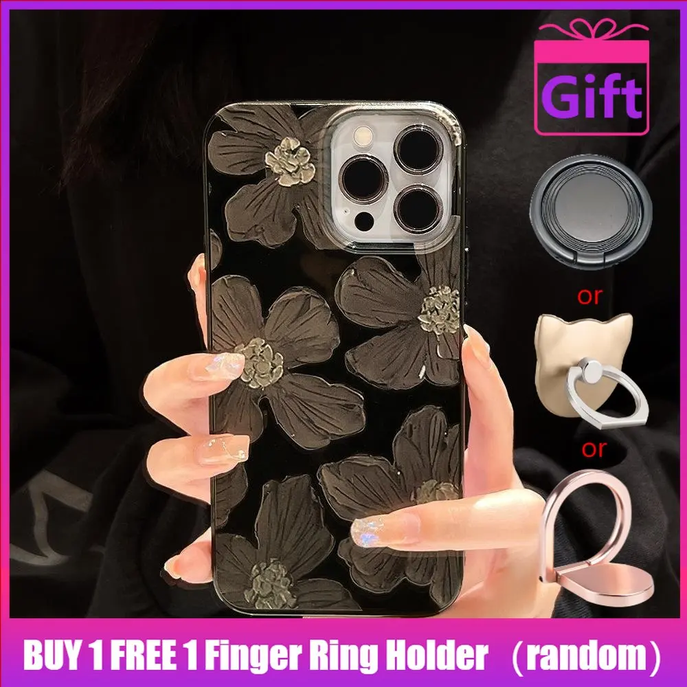 

iPhone Case Silicone Soft Case Black Glossy Case Shockproof Protection Camera Flower For iPhone 11/12/13 Pro Max 6/7/8Plus xr XS