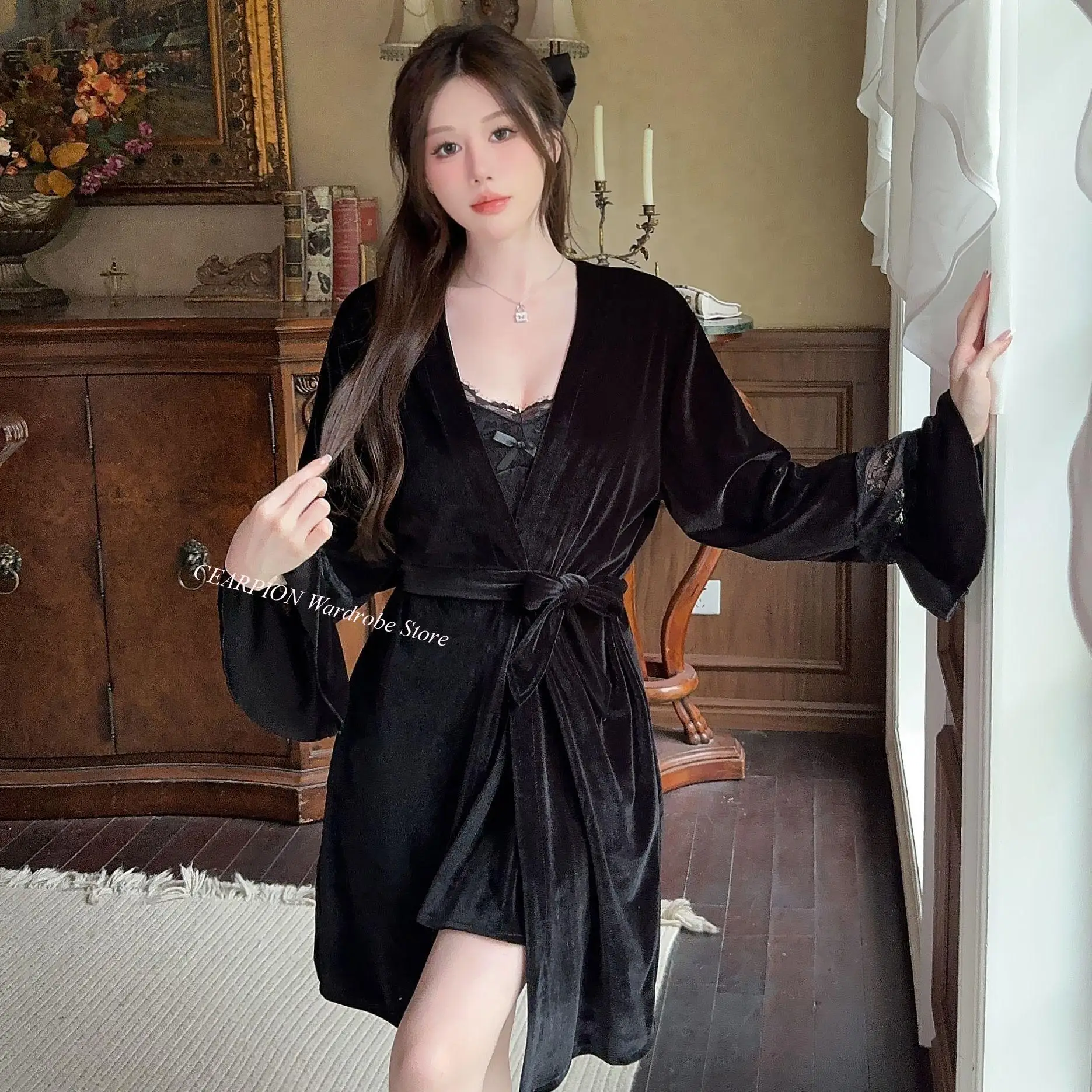 Сексуальное кружевное лоскутное кимоно халат костюм зимняя велюровая одежда для