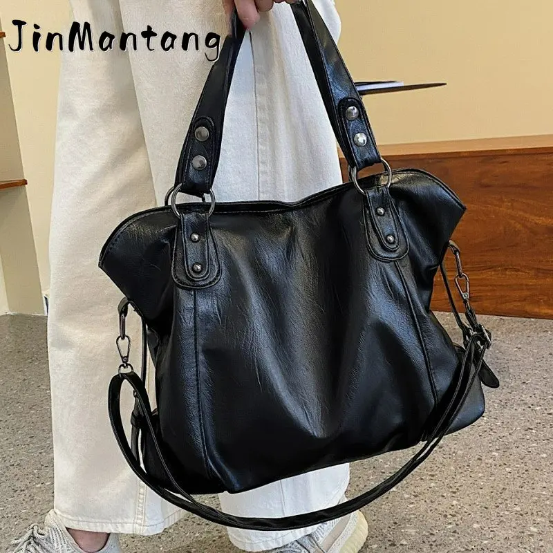 

Jin Mantang Big Black Shoulder Bags For Women Large Capacity Shopper Bag Solid Color Zipper Leather Bag Lady Travel Tote Handbag