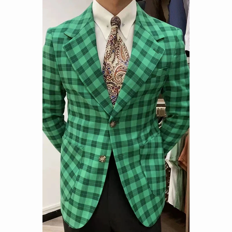 

2022 Green Plaid British Suit Jacket Casual Vintage Men Blazer Masculino Daily Men Blazer Slim Fit Hombre Retro Chemish Homme