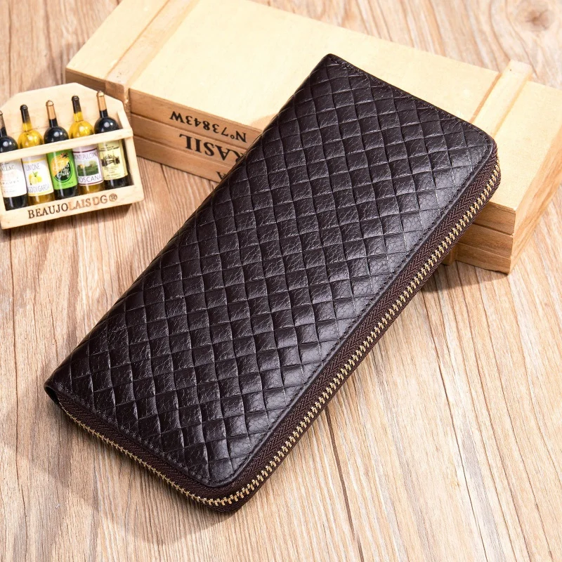 Korean Style Men's Genuine Leather Wallet Pressure Woven Wallet Male Long Clutch Purse Cowhide Cards Money Bags