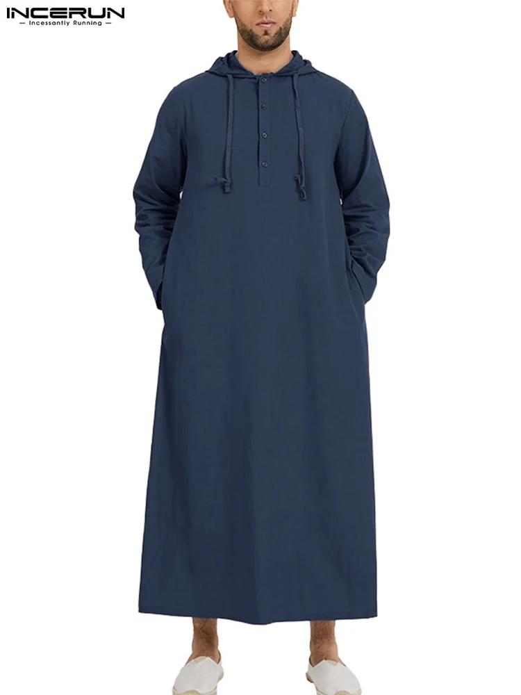 INCERUN 2023 New Men Muslim Hoodies Robe Saudi Arab Long Sleeve Kaftan Long Islamic Clothes Jubba Thobe Masculina Clothes S-5XL