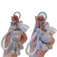 custom rhinestone bulldog bear keychain car pendant tassel keyring bag jewelry accessories ladies gift hanging plaid