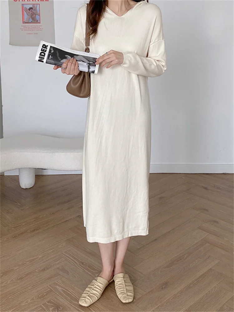 

White Long Dress for Women Knitted Black Dresses with A Hood Korean Fashion Fall Winter 2022 Warm Casual Dresses