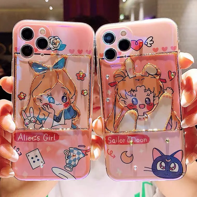 

Alice in Wonderland Blu-ray Rhinestones Phone Cases For iPhone 13 12 11 Pro Max XR XS MAX X Back Cover